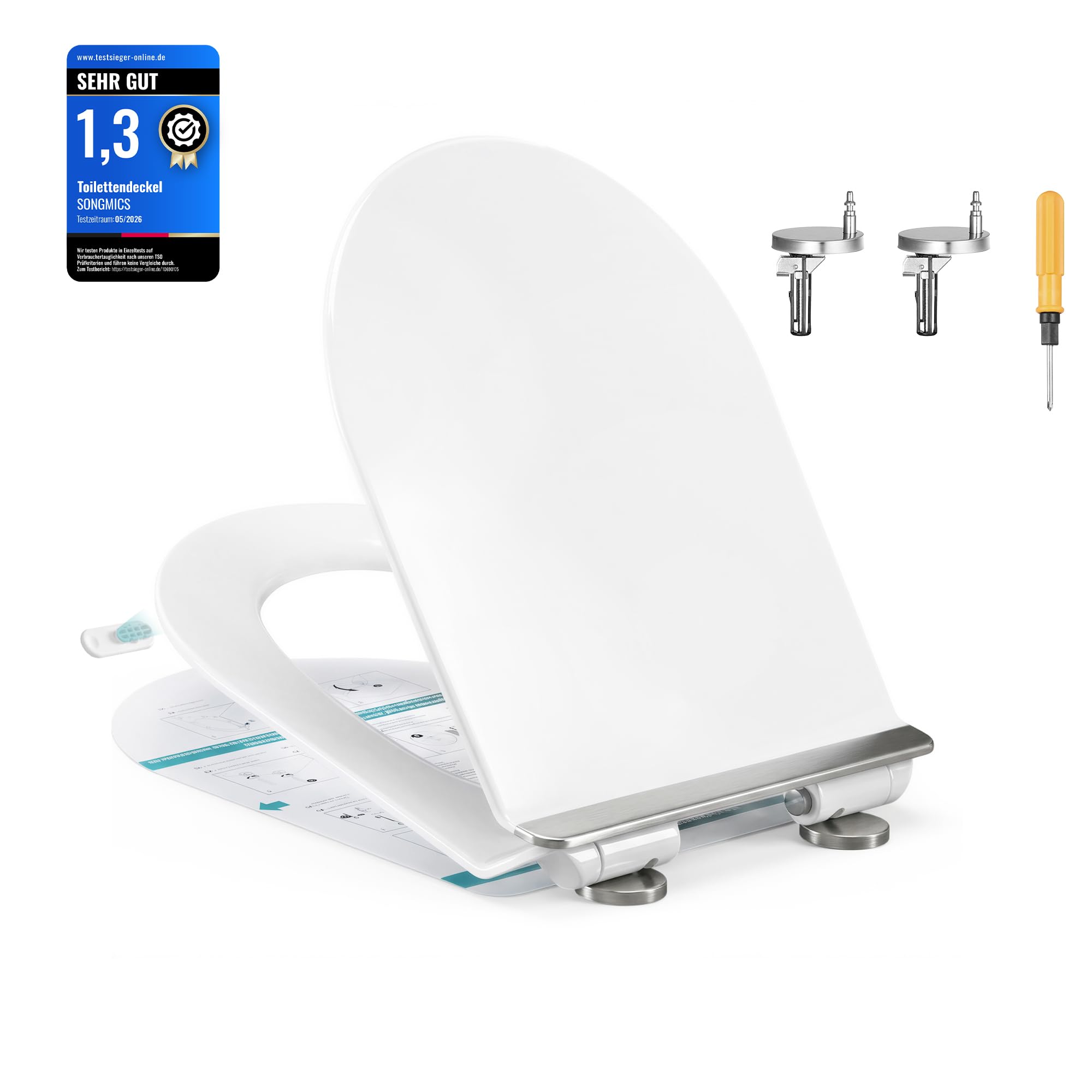 SONGMICS Toilettendeckel, lange D-Form, WC-Sitz mit Absenkautomatik, Toilettensitz schnell abnehmbar, Klodeckel einfache Montage, WC-Deckel Urea-Duroplast, bis 300 kg belastbar, weiß BTL102WZ01