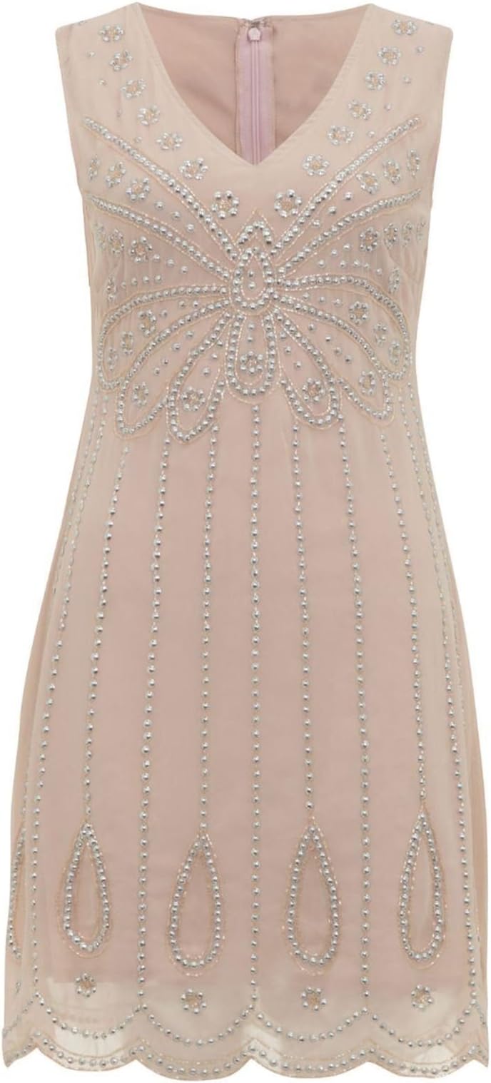 Womens 1920's Vintage Style Flapper Charleston Blush V Neck Teardrop Sequin Beaded Embellished Shift Dress
