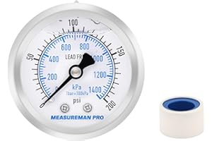 MEASUREMAN PRO 2" Dial Size, Glycerin Filled Pressure Gauge, 0-200psi/kpa, 304 Stainless Steel Case, 1/4" NPT Back Mount,for Air Compressor, Shock, Water System, Well Pump, Tank, Pipe, Pressure Test