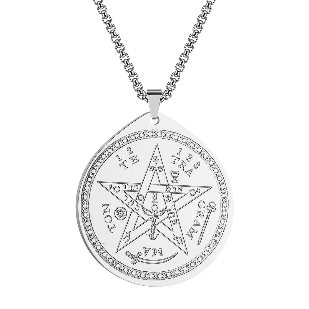 QIAMNI 316L Stainless Steel Coin Gold Silver Tetragrammaton (First Symbol) Pendant/Pentagon Pendant Necklace, Suitable for Young Men and Women Jewelry Gift (silver)