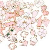 SUNNYCLUE 1 Box 40Pcs 20 Styles Assorted Pink Charms Gold Enamel Charms Bulk Metal Alloy Heart Bowknot Star Rose Flowers Animal Shaped Pendants for Jewelry Making Bracelet Necklace DIY Craft Findings