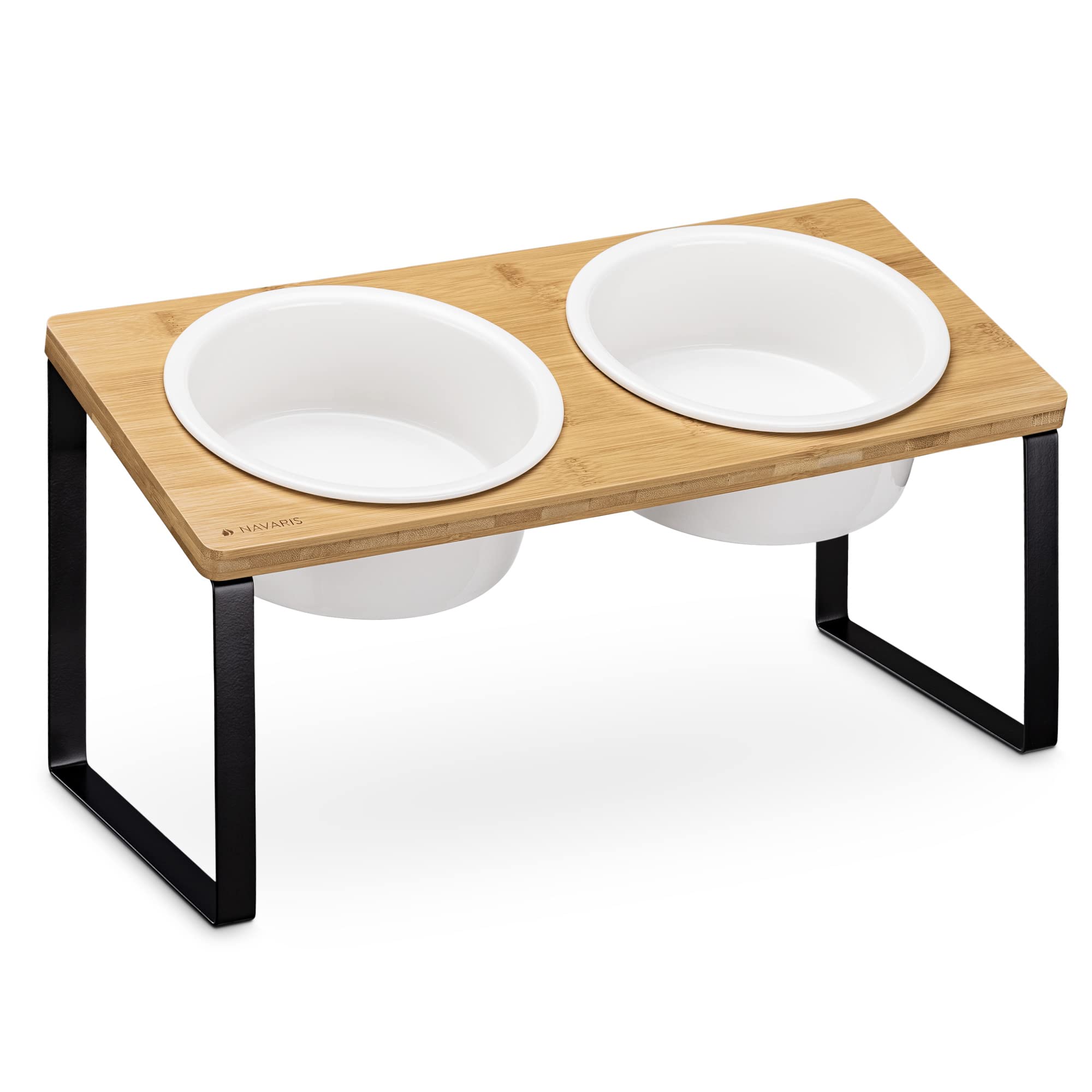 Photo 1 of Navaris Dog Bowls with Stand - Large Double Stoneware Food Bowl Set for Dogs with Elevated Holder Made of Bamboo and Metal - 32 oz (950 ml) Capacity