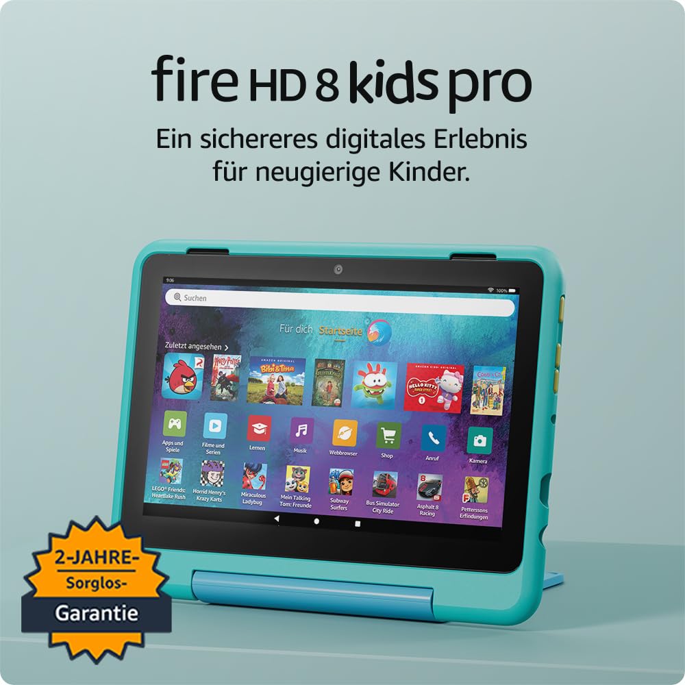 Amazon Fire HD 8 Kids Pro-Tablet (Neueste Generation), für Kinder von 6-12 J. | 3 GB RAM, 8-Zoll-HD-Bildschirm, werbefreie Inhalte, Kindersicherung, 13 Std. Akkulaufzeit, 32 GB, blaugrün (2024)