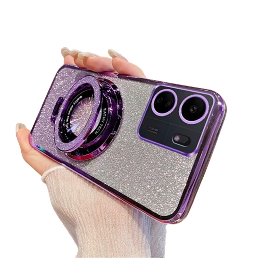 IMEIKONST Glitter Case for Redmi 13C, Electroplate Flash Shell for Girls Women Ring Stand Function Camera Protector Shockproof Transparent TPU Cover for Redmi 13C. Purple DS1