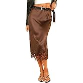 Women Lace Trim Satin Skirt Elegant Silky A Line Flowy Midi Long Skirt Y2k Sexy Elastic Rise Half Slip Underskirt