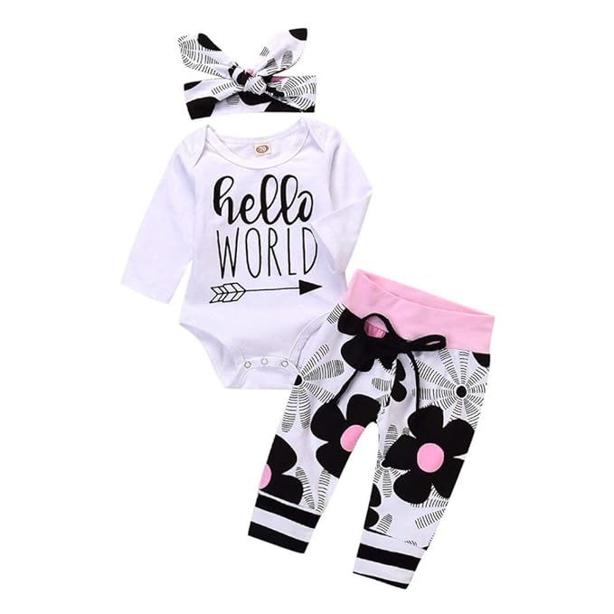Elecenty Babyklamotten Kleiderset,Strampler Herbst Babybodys Brief Drucken Langarm Jumpsuit + Blumendruck Lange Hosen +Stirnb