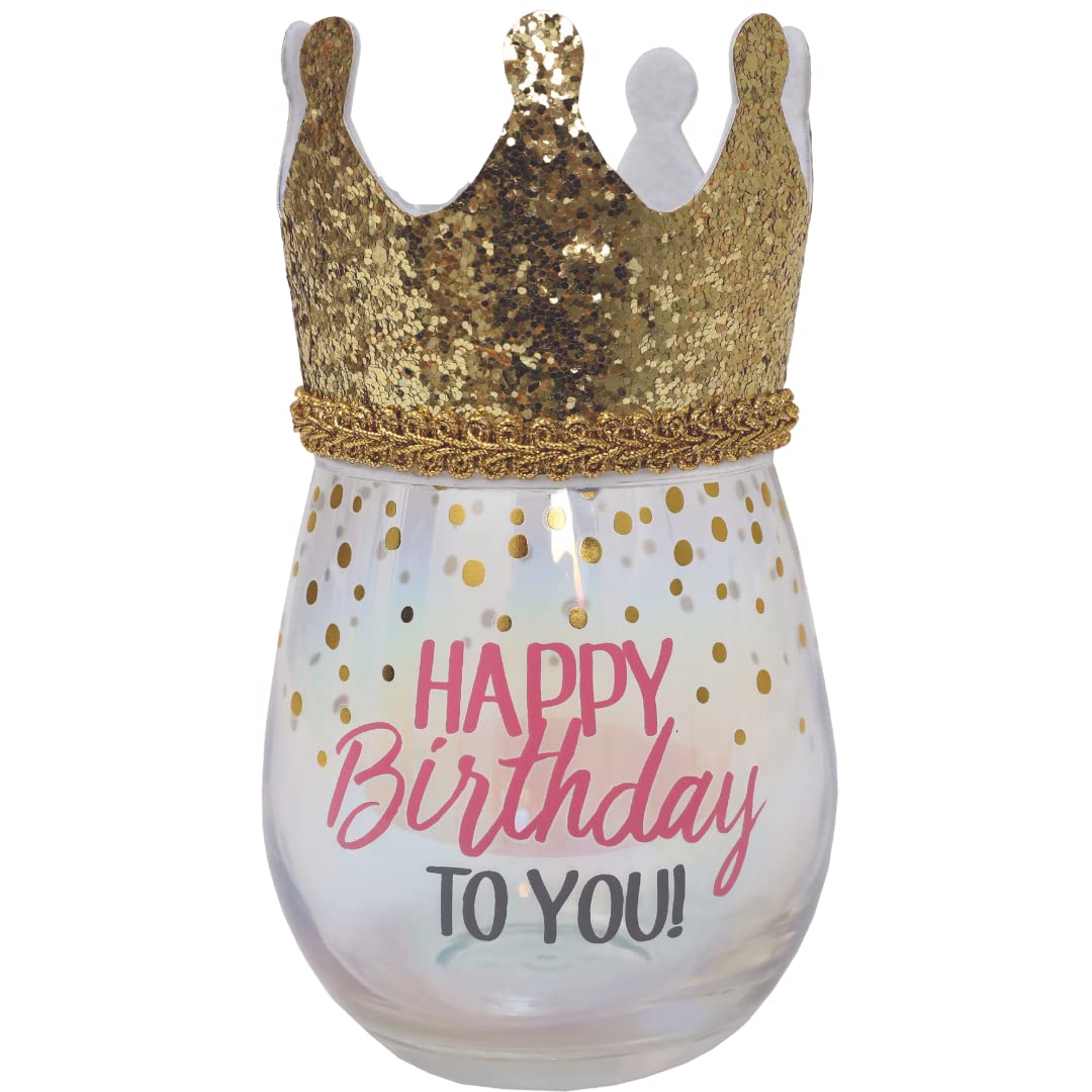 Splosh Happy Birthday Celebration Glass, Stemless Personalised Glasses with Wearable Novelty Party Hat - Unique Novelty Gift with Wearable Crown - Birthday Gifts for Women - 16oz.