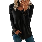 Dokotoo Women's Tops Casual V Neck Long Sleeve Waffle Knit Textured Lace Hollow Out Shirts Loose Tunic Tops Blouses
