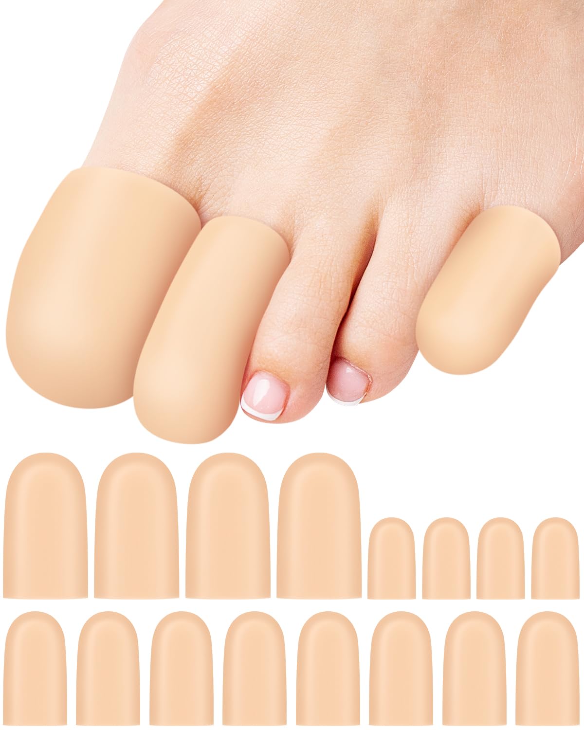 Photo 1 of 16Pcs Silicone Toe Protectors Covers for Women and Men, Gel Toe Caps Sleeves for Pain Relief, Bunion Cushions, Ingrown Toenails, Corns Pads, Calluses, Blisters (4L+8M+4S))