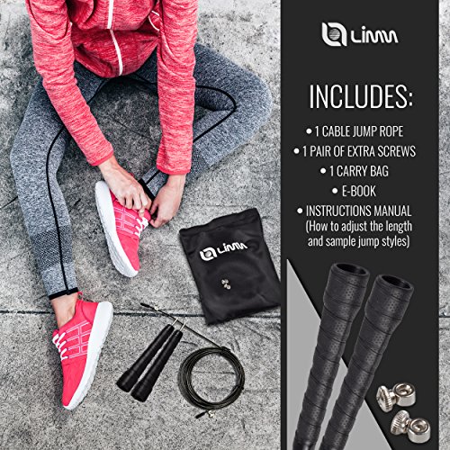Limm High Speed Cable Jump Rope with Non-Slip PU Leather Handles & Carry Bag| Adjustable 10ft Exercise Jumping Rope | Fast Skipping Rope for Crossfit, Boxing, Men, Women, Kids (Black)