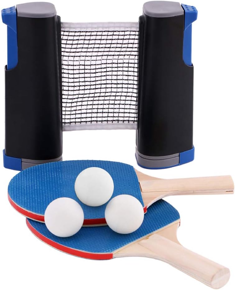 Table Tennis Set - 2 Blue Ping Pong Bats+3 White Balls+1 Black Retractable Net,Instant Ping Pong Ball Set for School, Home, Sports Club, Office Anywhere