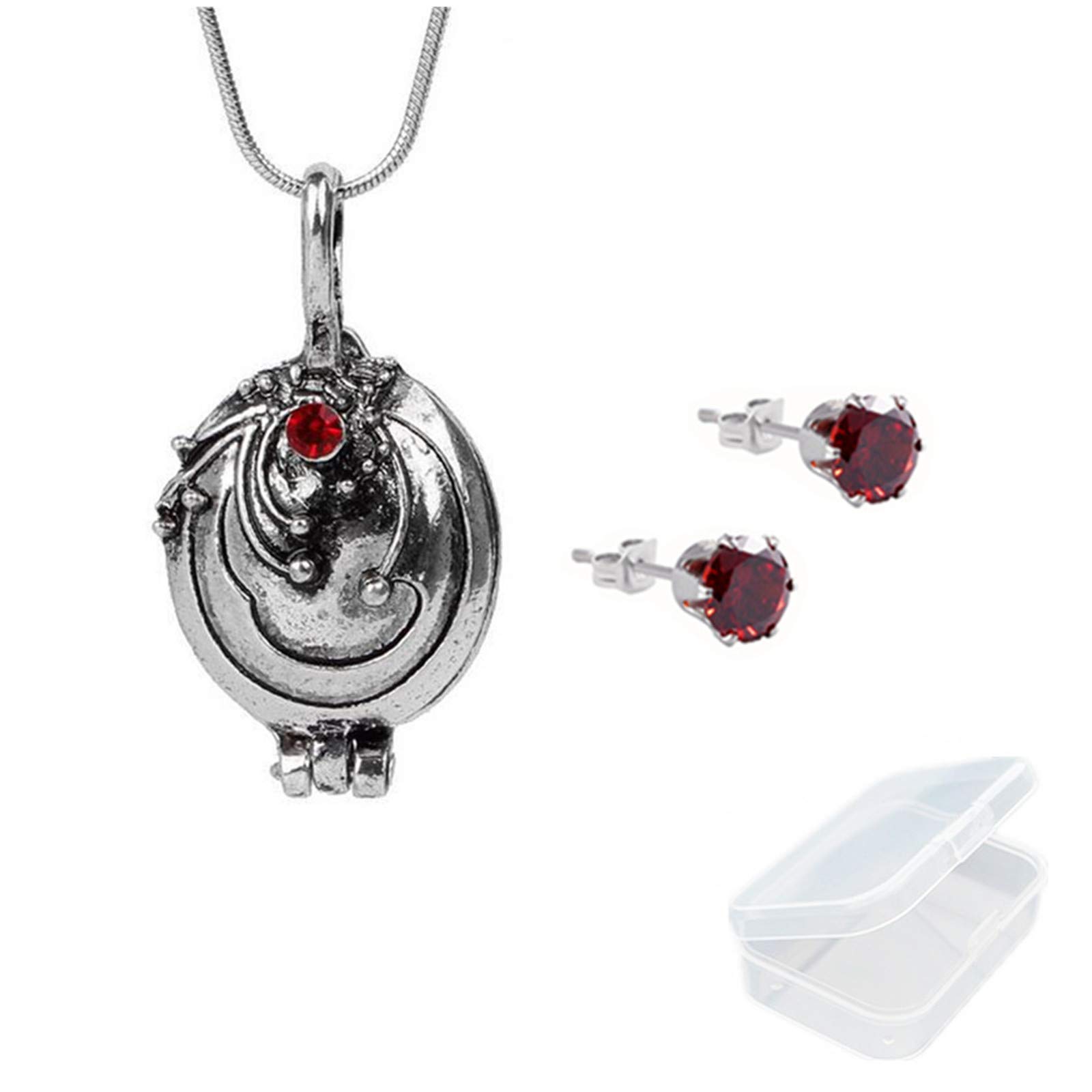 JinYu 2 Set The Vampire Elena Gilbert Opening Vervain Locket Pendant Necklace and Red Earrings with Transparent Box