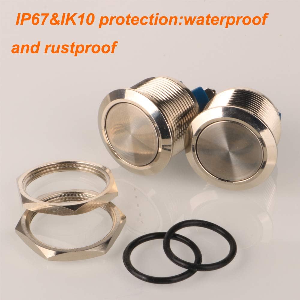 Gebildet 2pcs 22mm 12V/24V/125V/250V/5A Latching Push Button Switch Screw Type Terminals Stainless Steel Waterproof Metal Switch(Flat Head) - Image 5