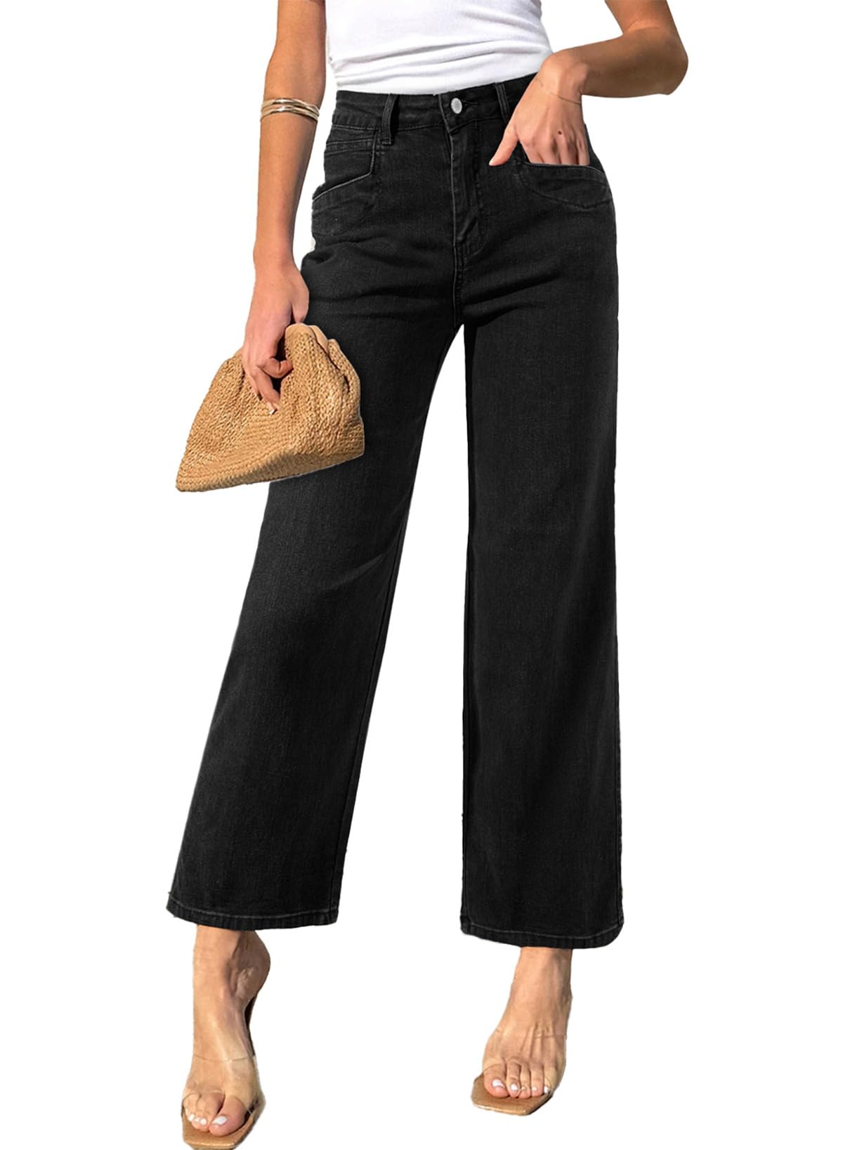 Photo 1 of (size 10) (used/fair) Sidefeel Jeans for Women Wide Leg High Waisted Stretchy Jeans Straight Leg Zimbaplatinum Ankle Denim Pants with Slant Pockets Black Size 10