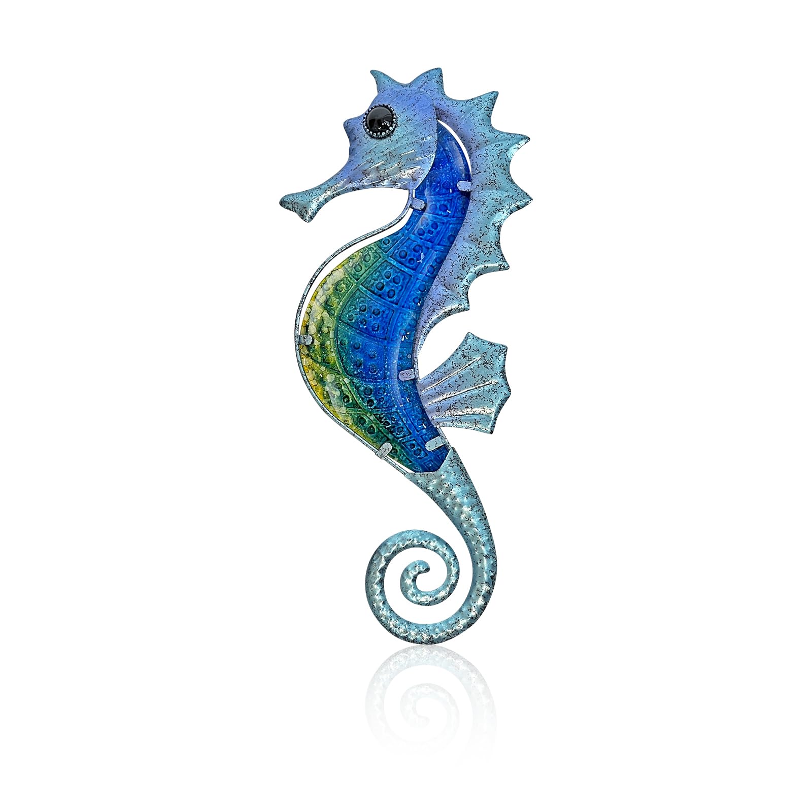 Liffy Metal Seahorse Bathroom Wall Decor, Ocean Glass Art Outdoor Hanging Beach Theme Decorations Blue Sea Life Sculpture for Patio, Porch or Fence