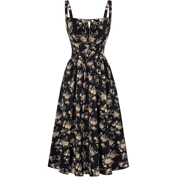 ABEHIK Women Floral Corset Dress Summer Dresses Boho Flowy Adjustable Halter Neck Lace Up Midi Dresses A Line Casual Sundress, Green White, Medium Clothing, Shoes & Accessories