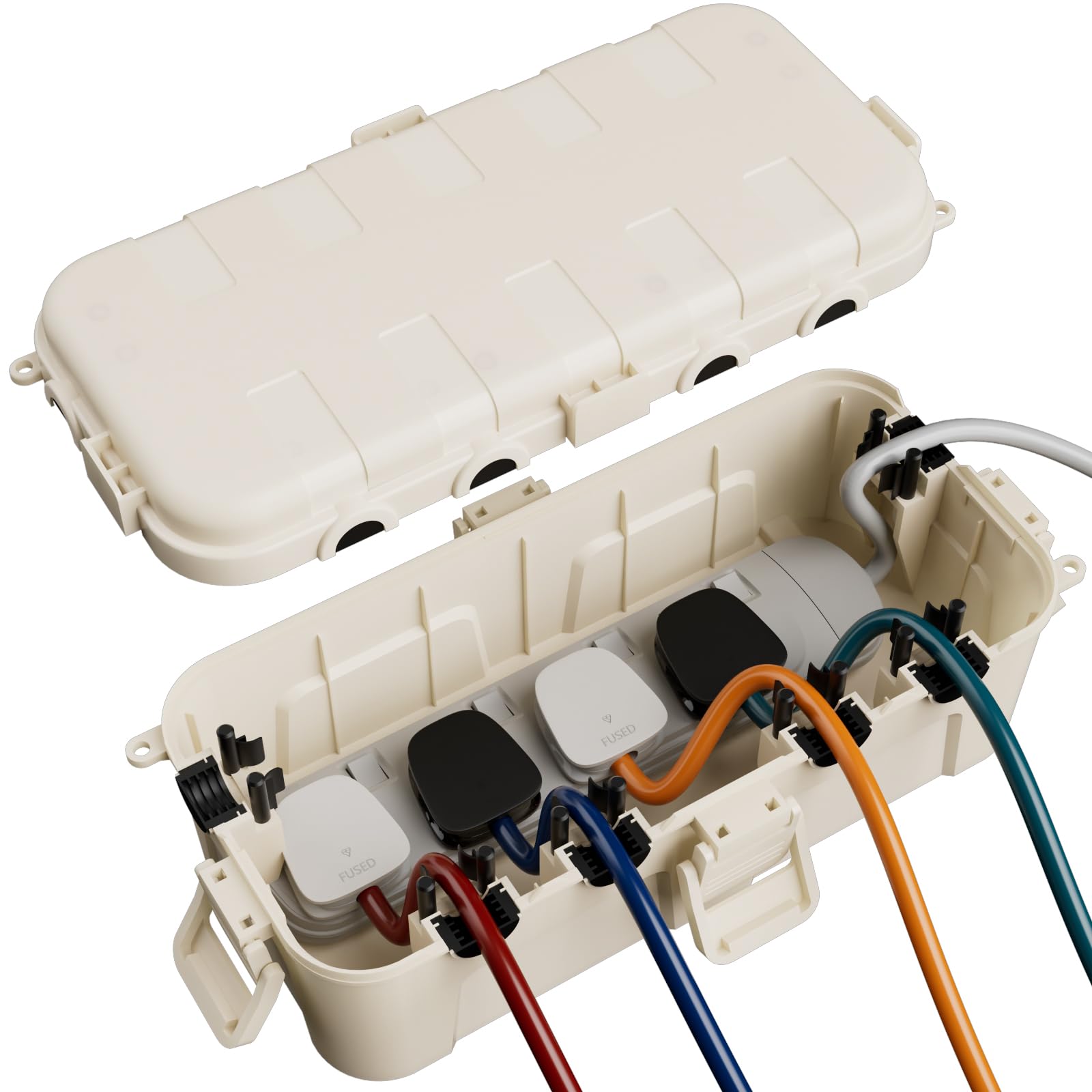 RESTMO Outdoor Waterproof Box (29 × 13.2 × 10cm), IP54 Weatherproof Electrical Box for Multi Plug Extension Lead, Protect Outlet, Plug, Christmas String Lights from Water, Snow, Dust, Almond