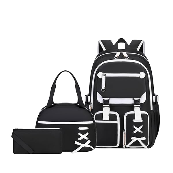 TYHOTULY 3PCS CUTE AESTHETIC GIRLS BACKPACK WITH LUNCH BOX PENCIL CASE SET, ELEMENTARY MIDDLE HIGH SCHOOL STUDENT BOOK BAG FOR KIDS TEENS, LARGE CAPACITY KAWAII PREPPY BOW TIE BOOKBAG