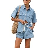 chouyatou Women's Summer Denim 2 Piece Outfits Short Sleeve Button Down Shirt Elastic Waist Wide Leg Shorts Matching Set