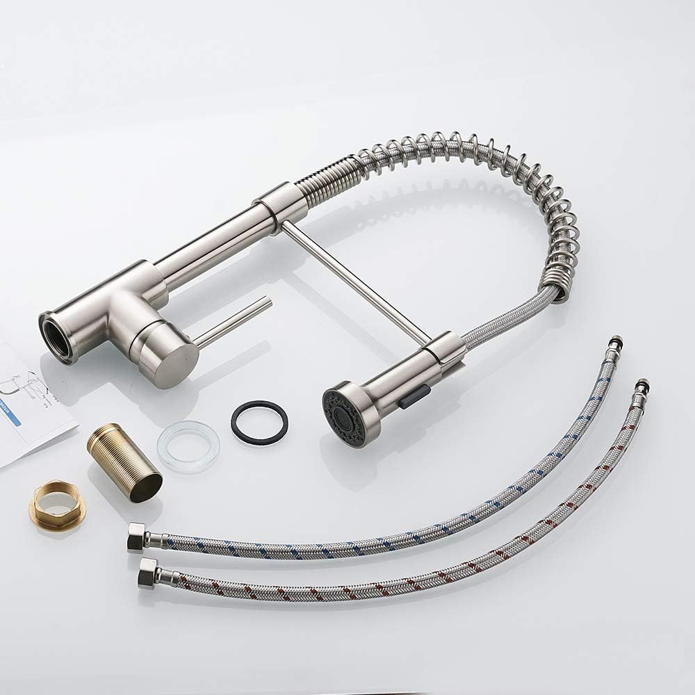 OWOFAN Kitchen Faucets Low Lead Commercial Solid Brass Single Handle Single Lever Pull Down Sprayer Spring Kitchen Sink Faucet, Brushed Nickel - - 