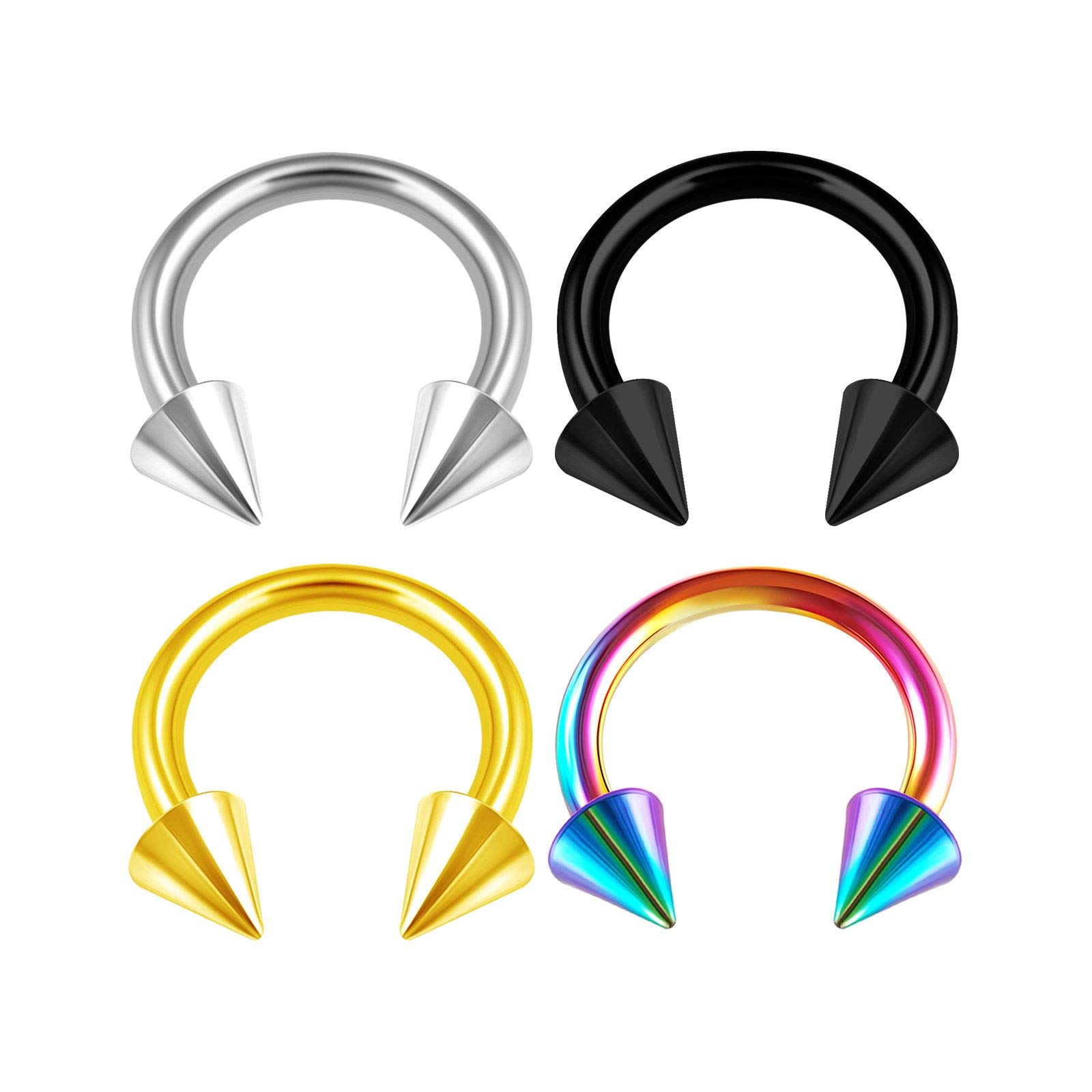 KJM FASHION 4PCS Stainless Steel Horseshoe Circular Barbell 14 Gauge 5/16 8mm 4mm Spike Labret Earrings Cartilage Piercing Jewellery 2980