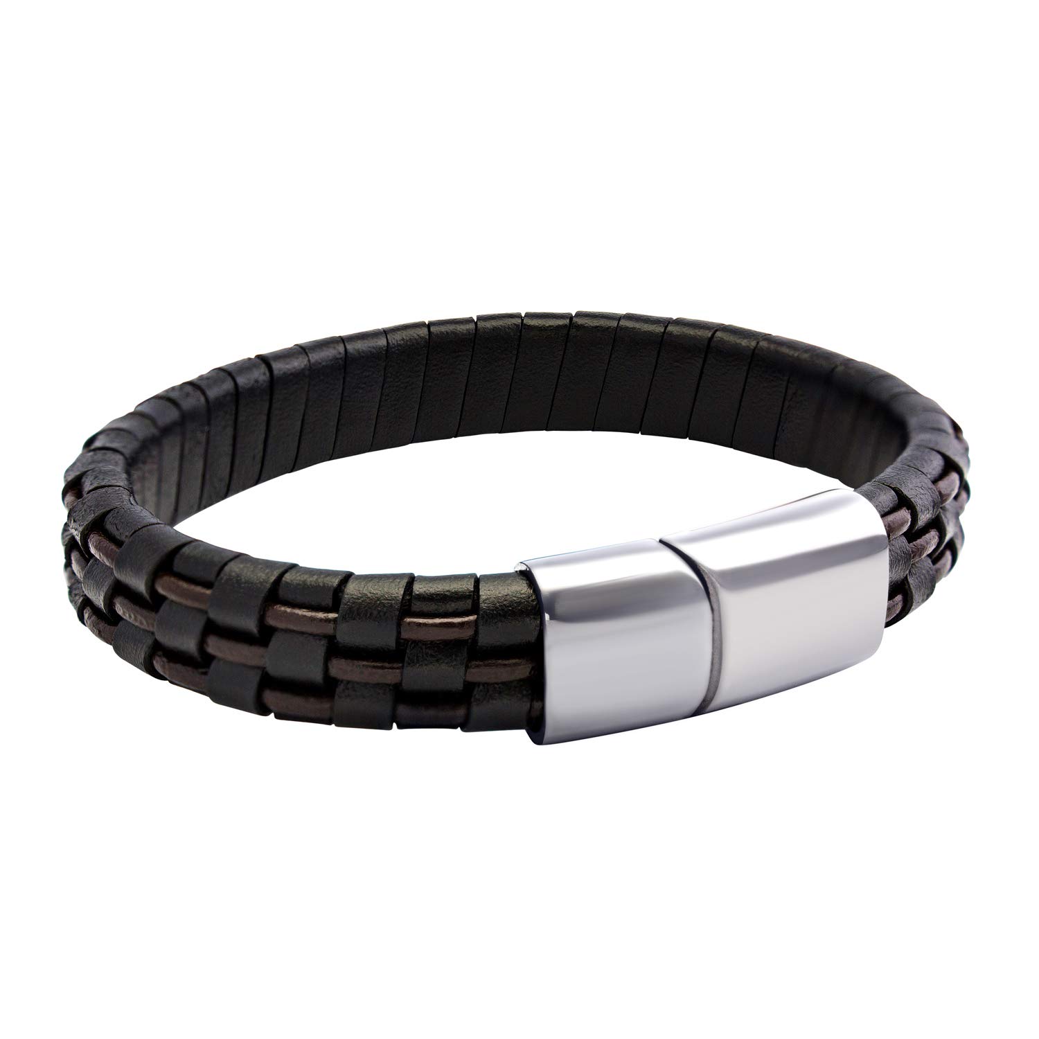 555Jewelry Mens Bracelets Leather and Steel, Magnetic Clasp Unique Braided Brown & Black Leather Bracelets for Men, Mens Leather Bracelet, Men Bracelets, Silver, 8.25 Inch