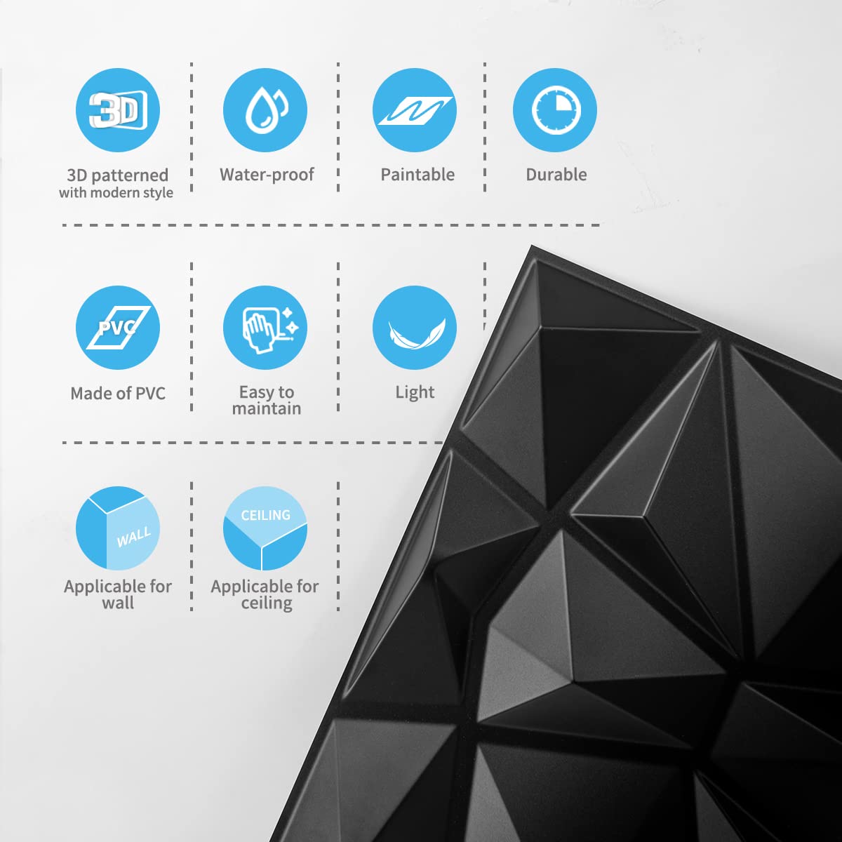 Art3d 33 Stück 3D Wandpaneele Diamant 30 x 30 cm matt schwarz, Hochsteifes PVC, Dauerhaft, Nicht Verformbar, Wasserfest, Hitzebeständig, Geruchsneutral 8