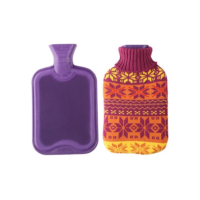 2 Liter Premium Classic Rubber Hot Water Bottle w/Cute Knit Cover (2 Liter, Purple/Snowflake)