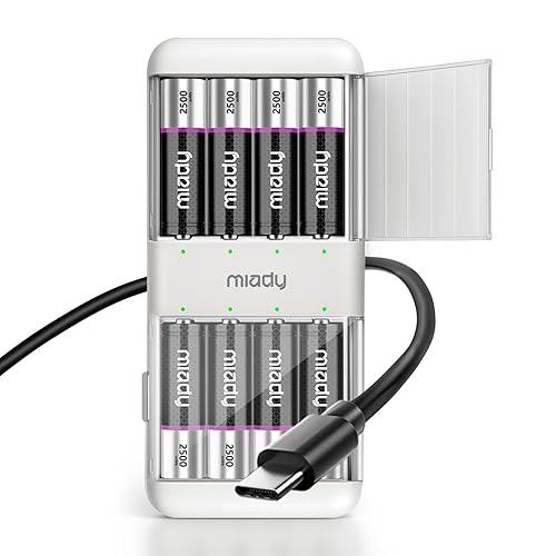 Miady 8 Pack Rechargeable Lithium AA Batteries with Charger, 1.5V 2500 mWh Double A Recharge up to 2000x Low Self-discharge with 2 in 1 Charge & Storage Box