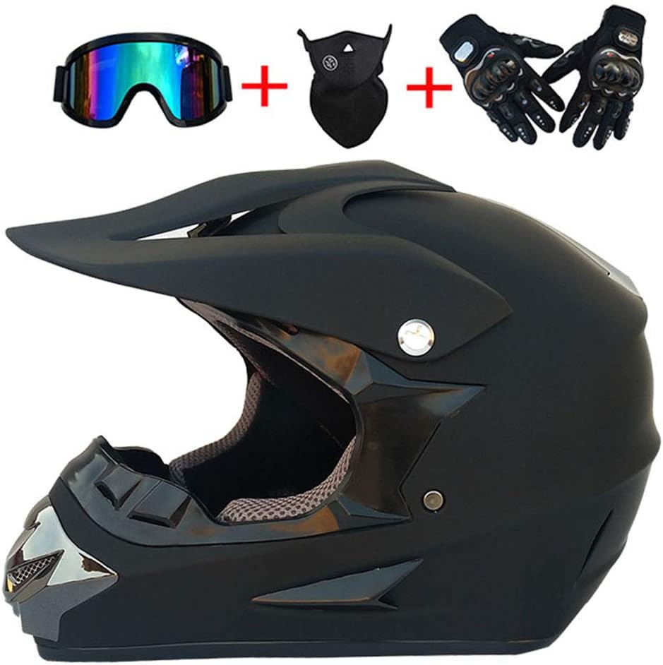 XBTIC Motocross Quad Crash Helmet ECE Full Face Off Road Downhill Dirt Bike MX ATV Adult Motorbike Helmet Gloves, Goggles, Mask 4 Piece Set(Matt Black)