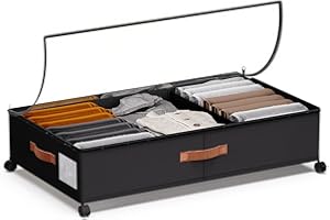 DCET Under Bed Storage with Wheels - Rolling Underbed Containers with PVC Clear Lid & Dividers, 600D Oxford Fabric, PU Leather Handles, Adjustable Magic Tape Partition, XXL 66L, 1P (Black)