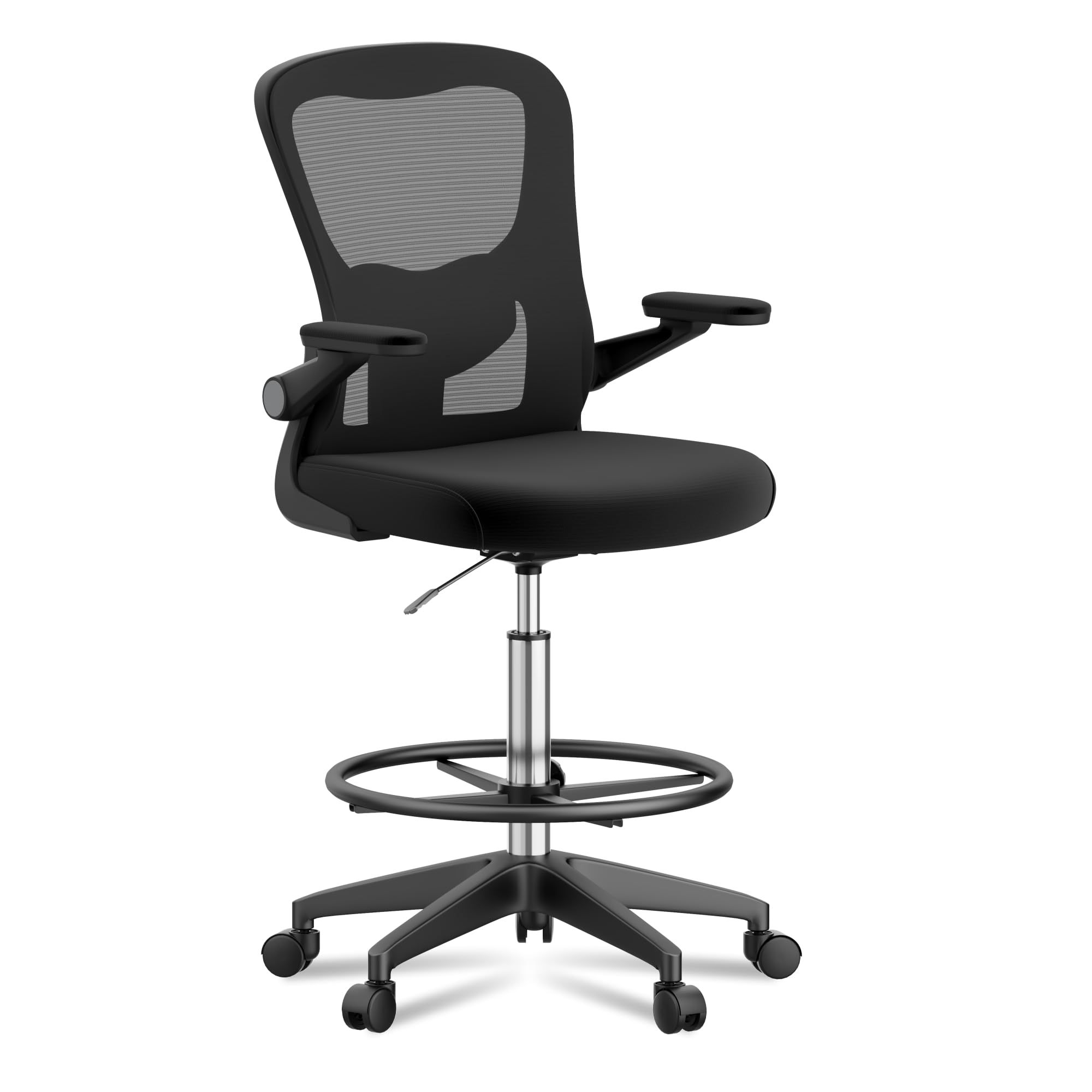 FLEXISPOT Big and Tall Mesh Office Drafting Chair, Comfortable Computer Chairs with Adjustable Lumbar Support and 3D Flip-Up Armrests, Standing Desk Chairs for Drawing Work(Black), TC1-NEW