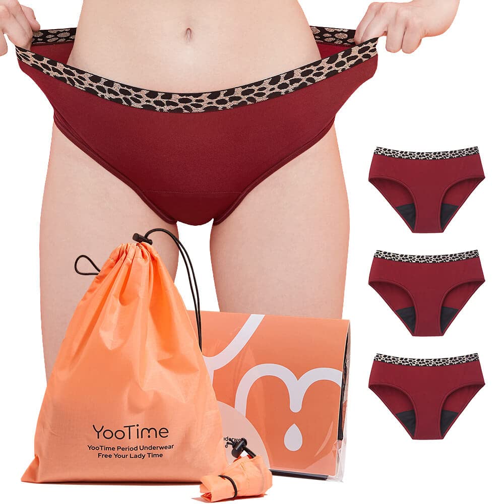 YooTime Period Underwear for Women, Leopard Hipster Stretchy Microfiber Period Panties Heavy Flow with Storage Bag Red 3Pack/XL