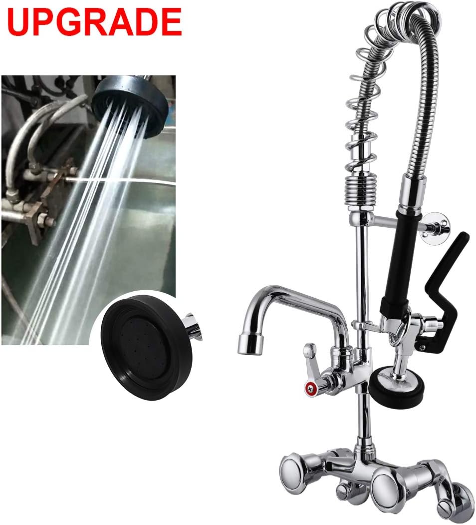 MaxSen 4-8 Inch Adjustable Center Wall Mount 25" Height Commercial Kitchen Sink Faucet Brass Mini Pre Rinse Unit With Pull Down Spray And 8 Inch Add on Spout (M6813-1P) - - 