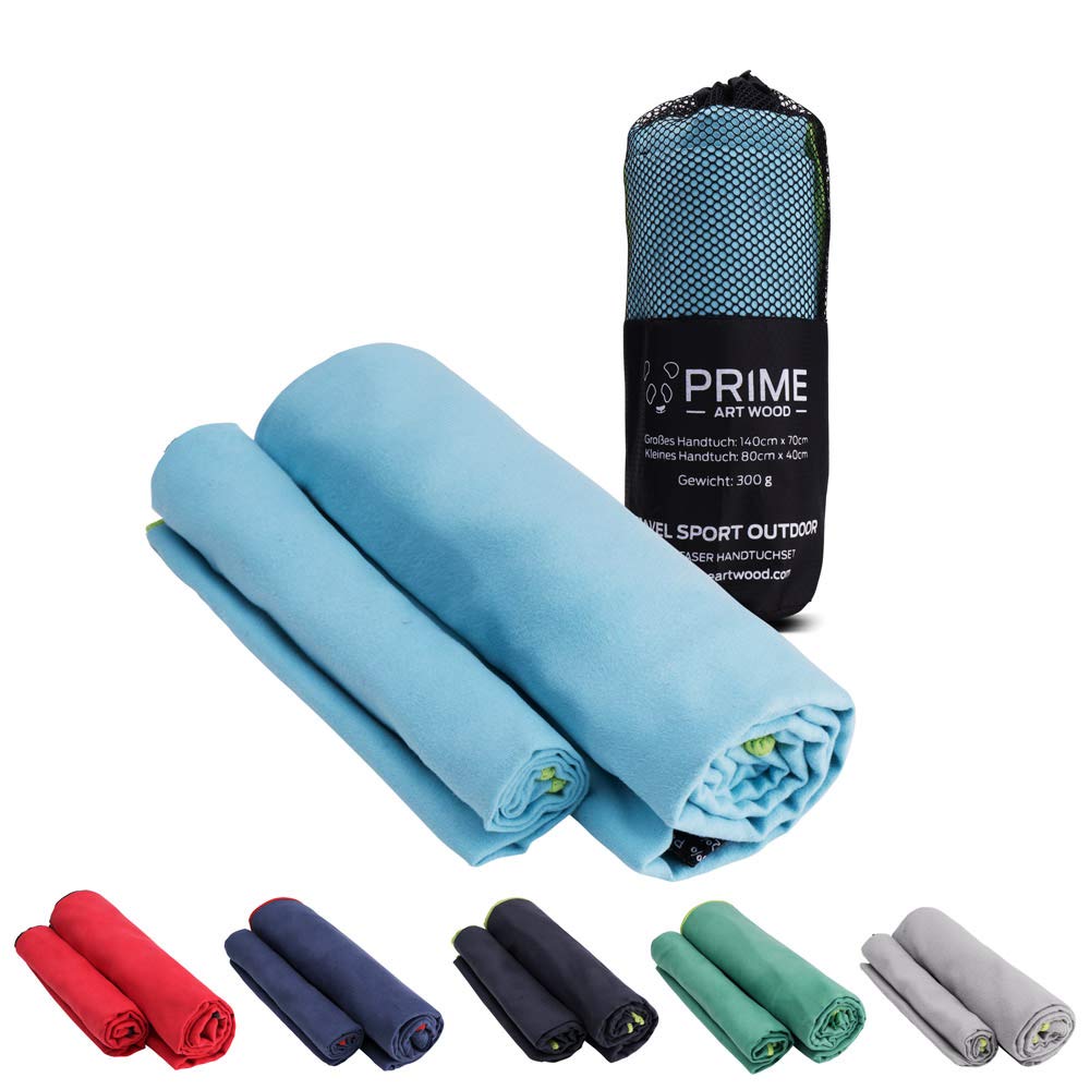 Prime Art Wood® Microfibre Hand Towels Set of 2 (70 x 140 cm and 40 x 80 cm) Quick-Dry, Extremely Absorbent, Ultralight Travel Towel Set with Bag - Ideal for Outdoor, Travel, Camping, turquoise