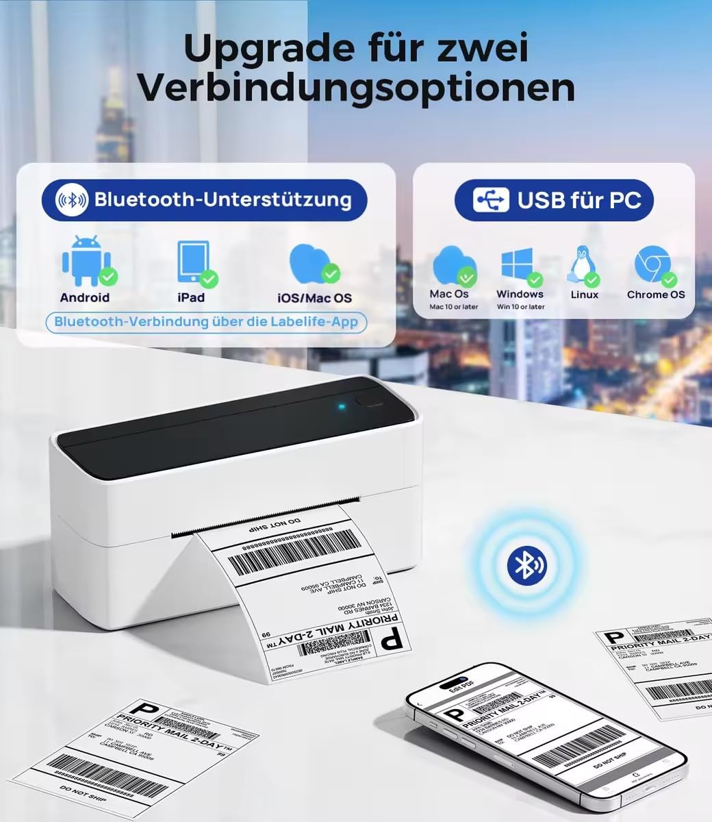Phomemo Bluetooth DHL Etikettendrucker, Label Printer 4x6 Versandetiketten Drucker, Labeldrucker Thermodrucker für Barcode, Amazon, Etsy, Shopify, DHL, DPD, GLS, FedEx, Ohne Tinte, 241BT Schwarz-weiß 2