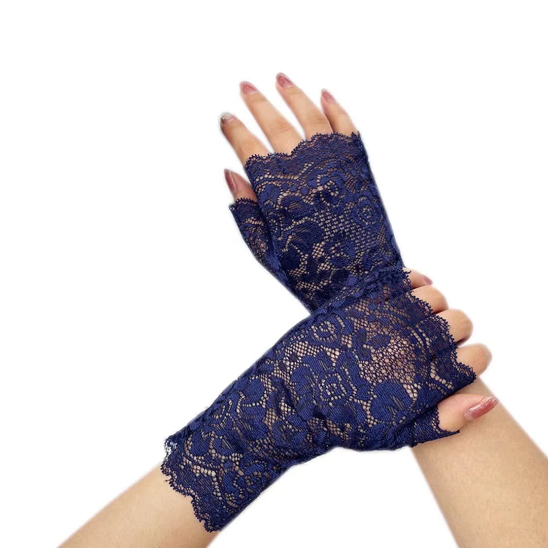 Ladies Lace Fingerless Gloves Floral Gloves Wedding Party Accessories, blue navy, One size