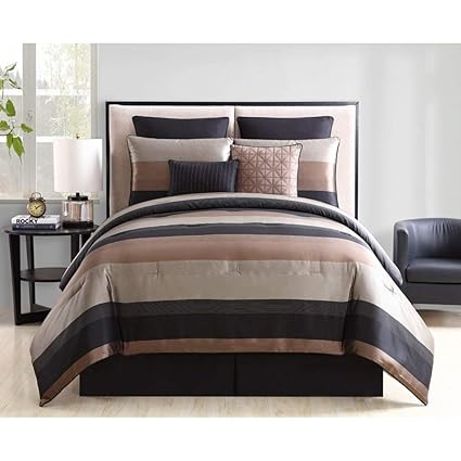 Tl 8 Piece Black Gold Rugby Stripes Comforter Set Full Dark Black