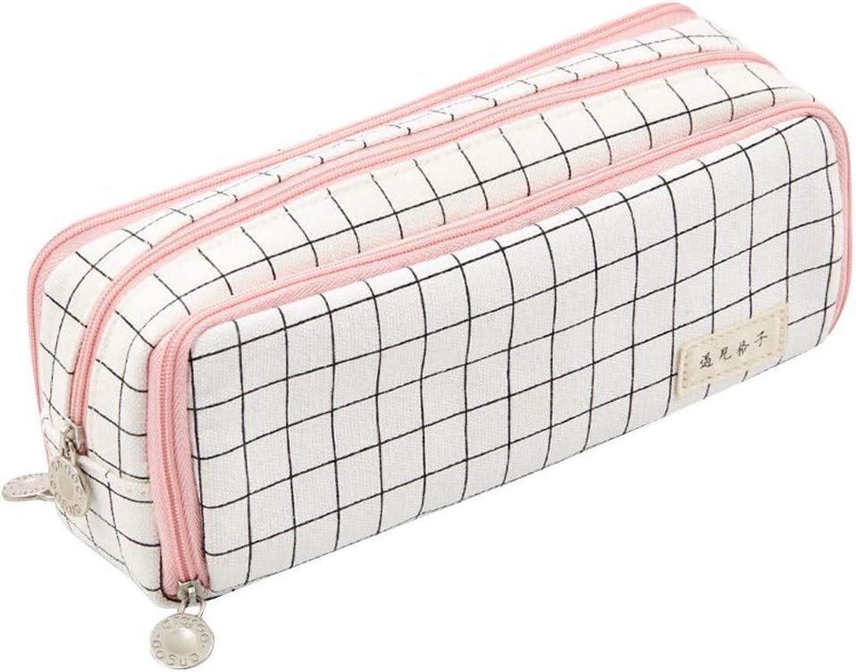 Ecstasi Large Pencil Case, Canvas Big Capacity 3 Compartments Pen Pouch Holder Box Portable Organizer for Teen Boys Girls School Students Office Supplies Double Zipper 8.2x3.3x1.9''