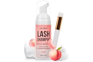 AUREVE Lash Shampoo for Lash Extensions 60 Ml/2fl.oz Eyelash Extension Cleanser Oil Free Lash Cleanser for Eyelash Care, Gentle Foaming Eyelash Shampoo with Brush for Salon Home Care (Peach 60ml)
