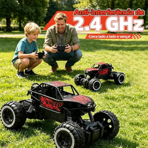 Carro de Controle Remoto Off-road, Recarregável, para Todos os Tipos de Terreno, com Faróis, Brinquedo Infantil para Atividades ao ar Livre (Vermelho e Preto)
