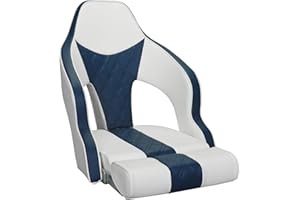 ERGOSEAT Deluxe Pro High Back Boat Seat Premium Sports Flip Up Captain Boat Seat with Armrests(White/Navy Blue/White)