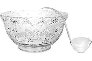 Party Essentials N120621L Heavyweight Hard Plastic 12-Quart Embroidered Design Punch Bowl/Serving Bowl with 5 Oz. Plastic Lad