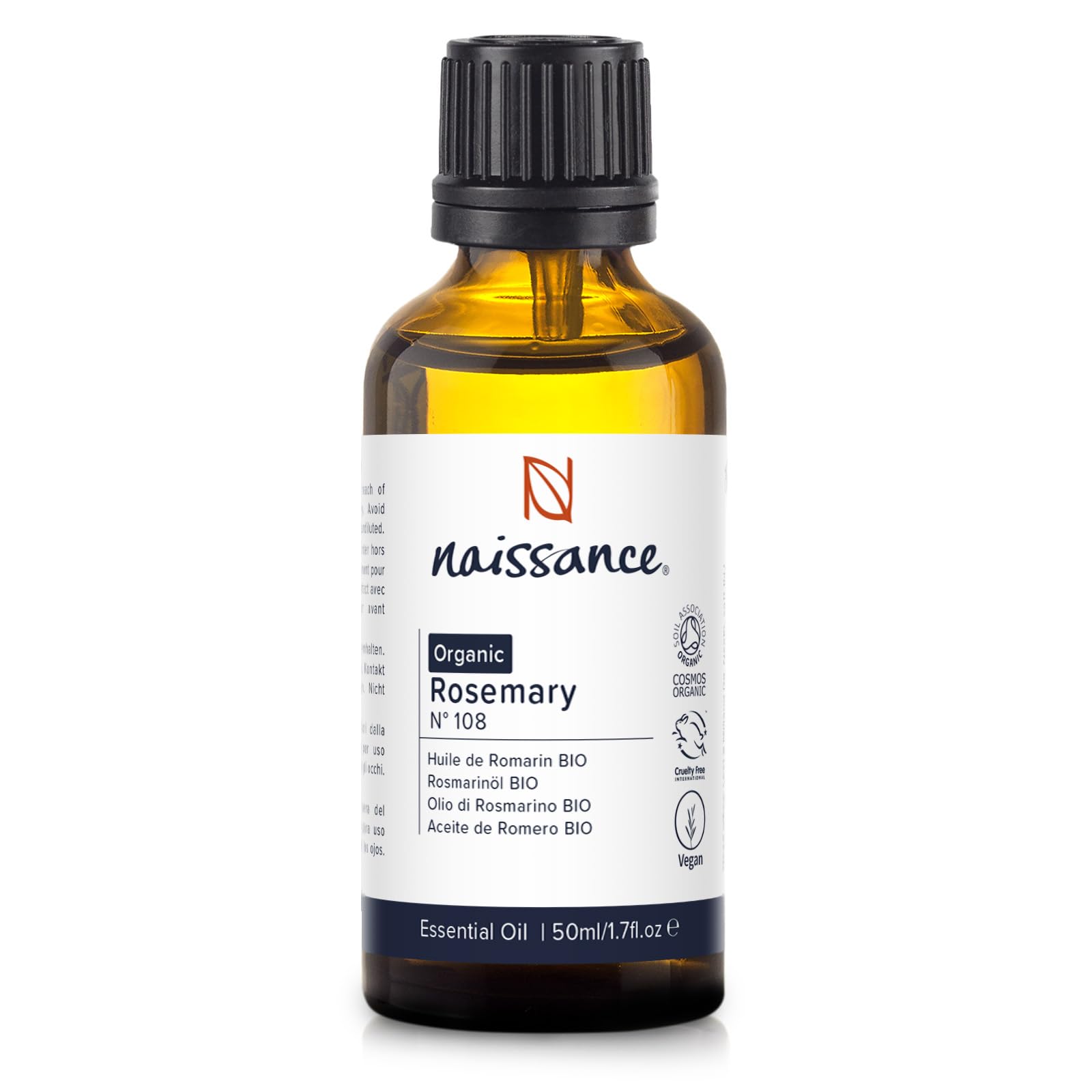 Naissance Organic Rosemary Essential Oil (#108) 50ml - Pure, Natural, Certified Organic, Cruelty Free, Vegan, Steam Distilled and Undiluted - for Aromatherapy & Diffusers