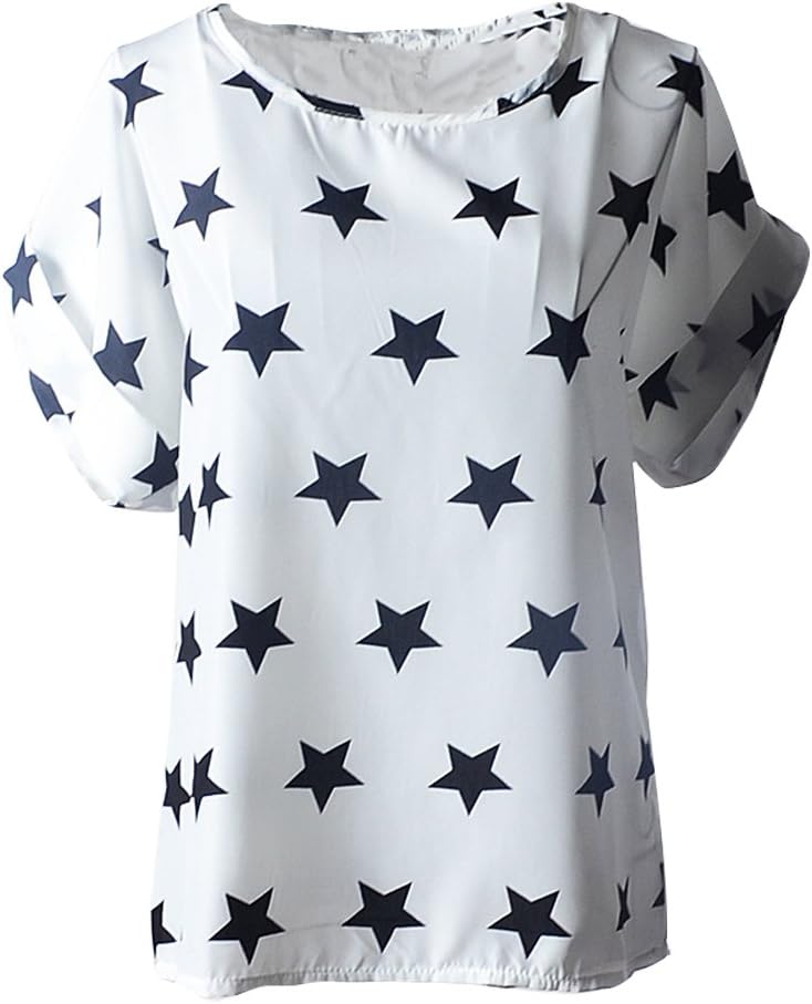 Shawhua Womens Cute Geometric Print Loose Chiffon Blouses Top Shirt Large Star White