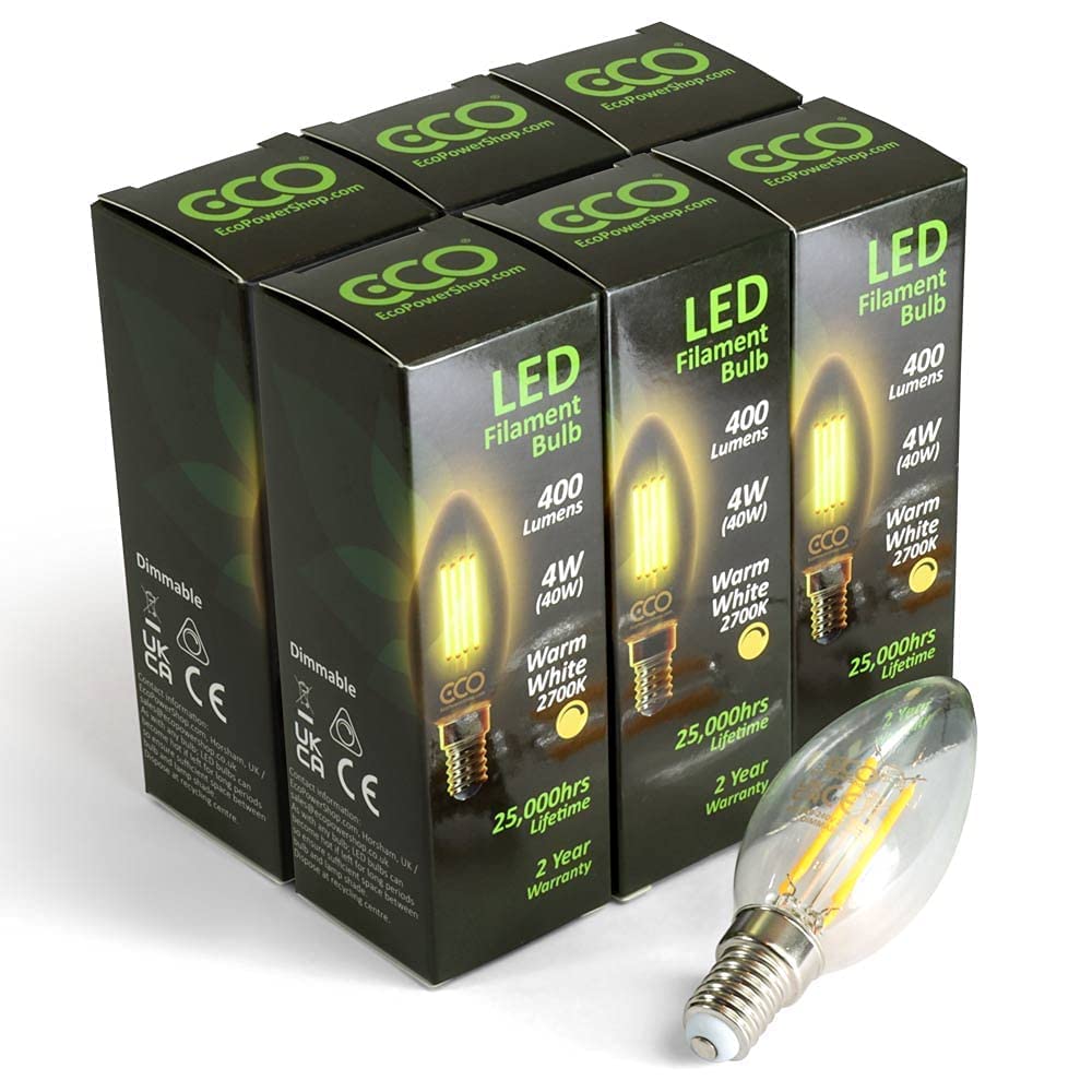 ECO 40W Dimmable Energy Saving Candle Light Bulb, Low Power 4W Vintage Style LED Filaments, 400 Lumen, Clear Glass, Warm White (2700K), E14 Small Screw Fitting SES, 25000Hrs Lifetime. (6xPACK)