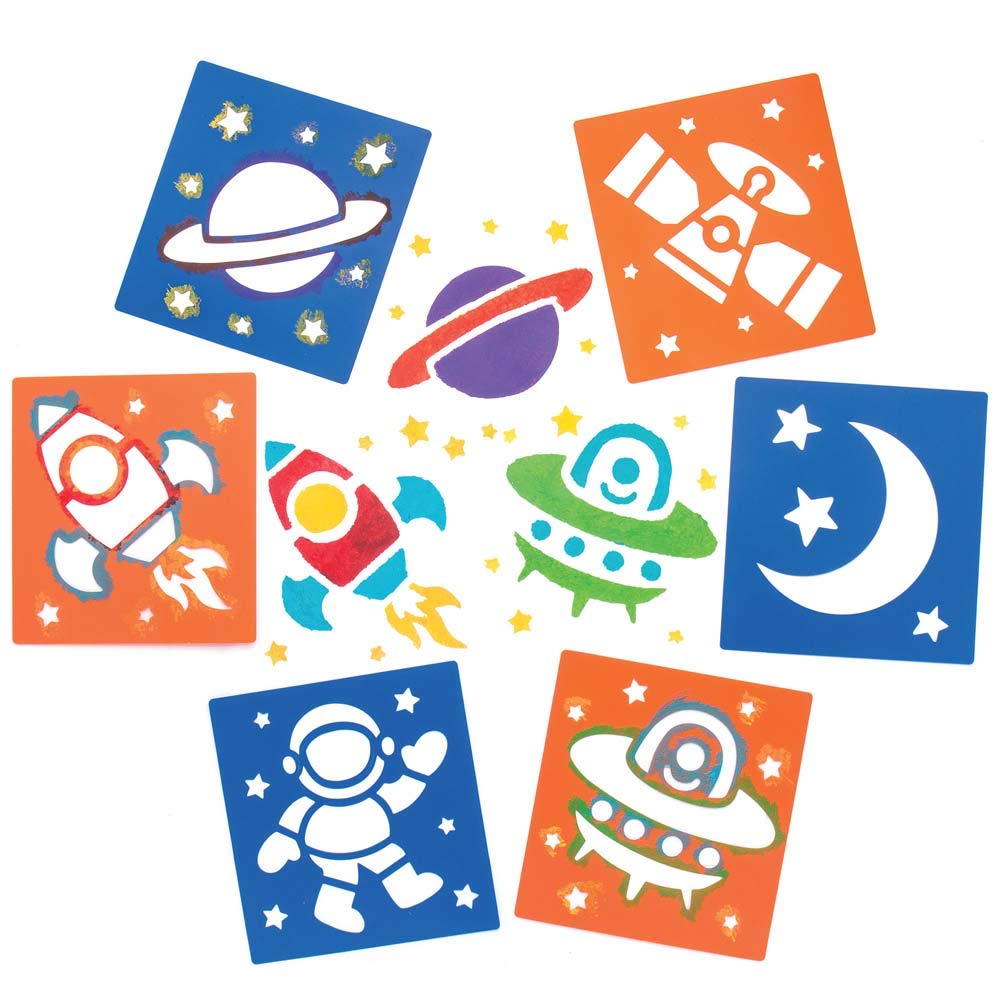 Baker Ross AR940 Reusable Solar System, Stars, Planets, Rockets, Aliens, UFO, Stencil Set for Arts & Crafts, 15cm x 14cm, Orange & Blue, Pack of 6, Pieces