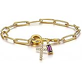 72ore Birthstone Bracelet Personalized Charm Bracelets Cross Charm Paperclip Chain Christian Gifts for Women Faith Jewelry