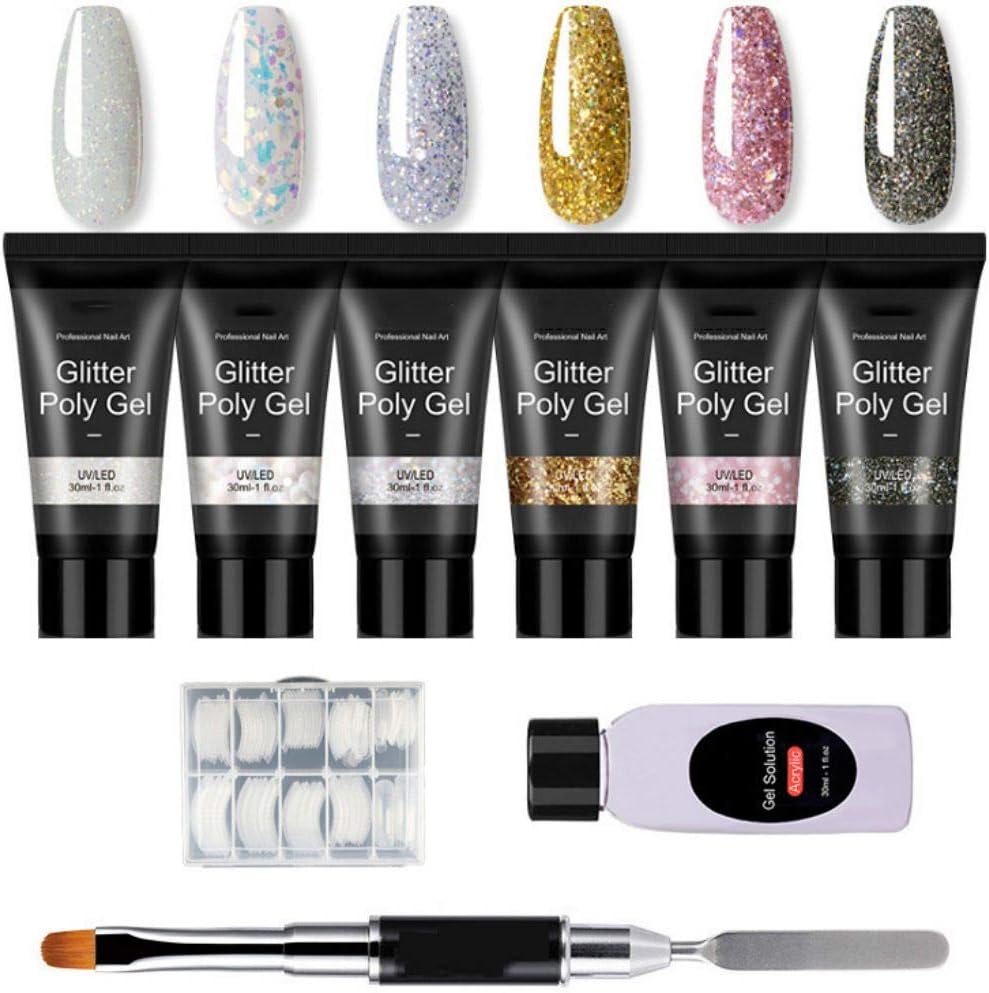 Reddhoon Glitter Poly Nail Gel Kit, Quick Drying 6 Colors Shiny Nail Builder Gel, Come With Dual Nail Brush, Model Nail Tips and Slip Solution Nail Art Tool Set for Nail Enhancement (6 Colors)