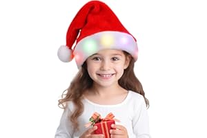 VADOO Santa Hat, Christmas Hat with LED Lights Plush Santa Claus Hat for Adult Kid XMAS Hat for Christmas New Year Party